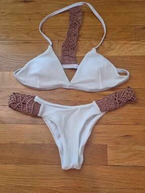 White Mesh Bikini Set with Taupe Macrame Detail